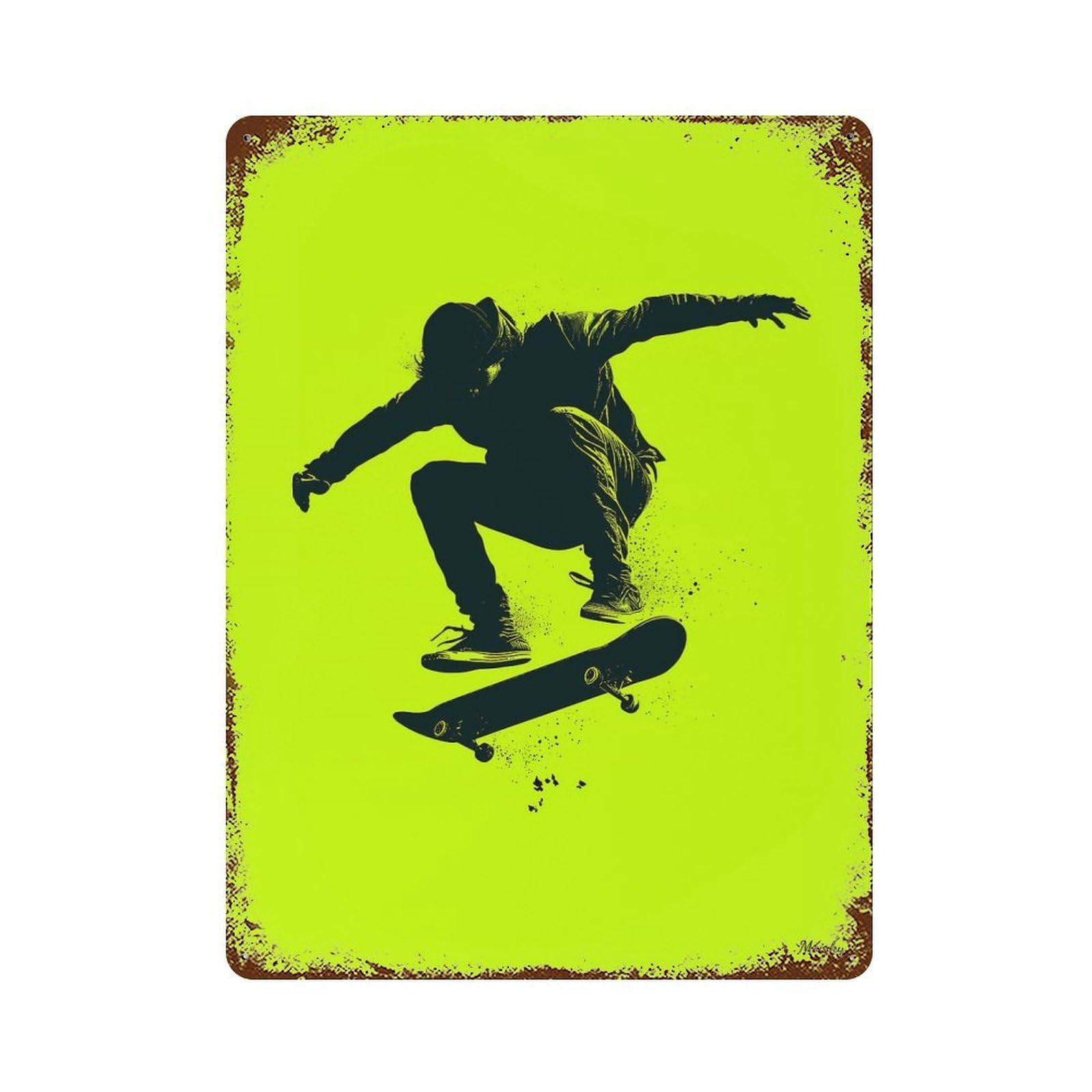 Skater Silhouette – Neon Green Urban Trick Aged Metal Wall Plaque 15.7"x11.8", for Pub, Kitchen And Man Cave Decor, Decorative Metal Wall Art