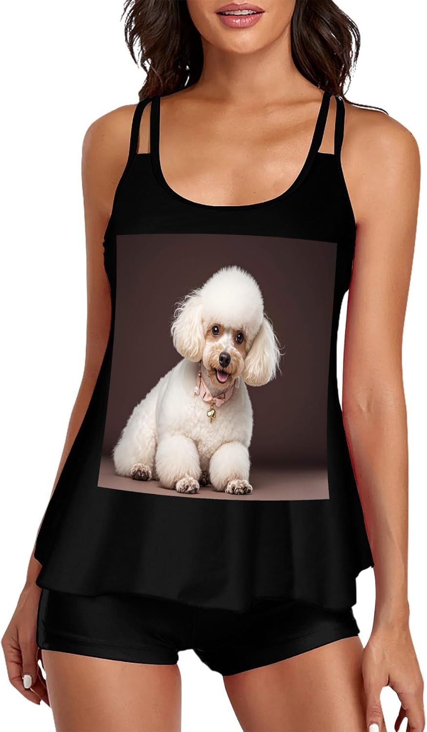 French Poodle Tankini Swimsuits for Women Tummy Control Two Piece Bathing Suits Swim Tops with Boy Shorts