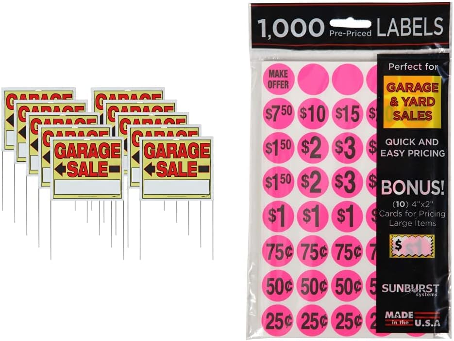 Sunburst Systems 3905 Garage Sale Sign, Assembled with metal U-Stake, Double Sided, 14" x 22", 10 Pack & 7071 Large Item Pricing Stickers, 75 Count, with Space to Write Pricing