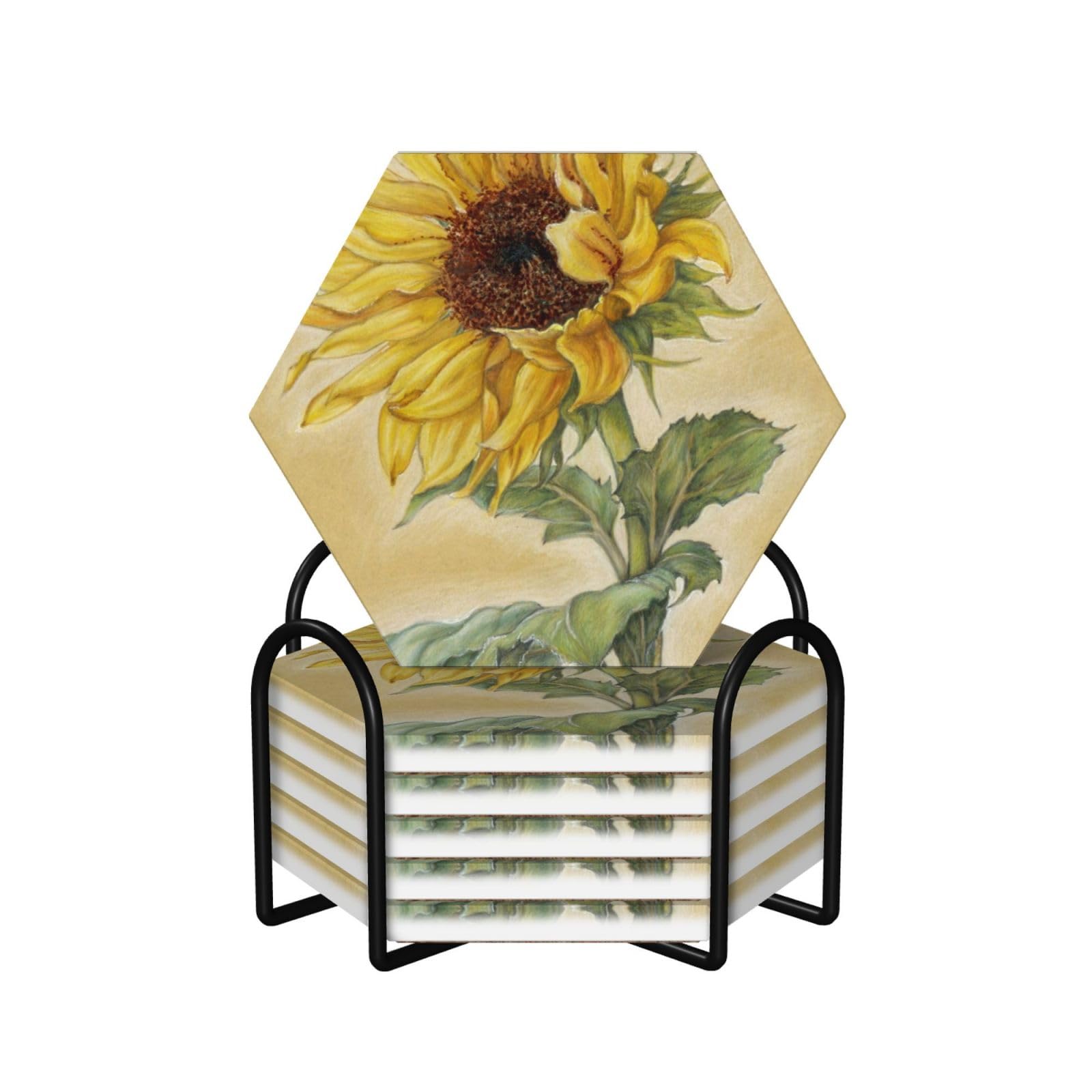 Set di 6 sottobicchieri decorativi in ceramica con stampa di girasole