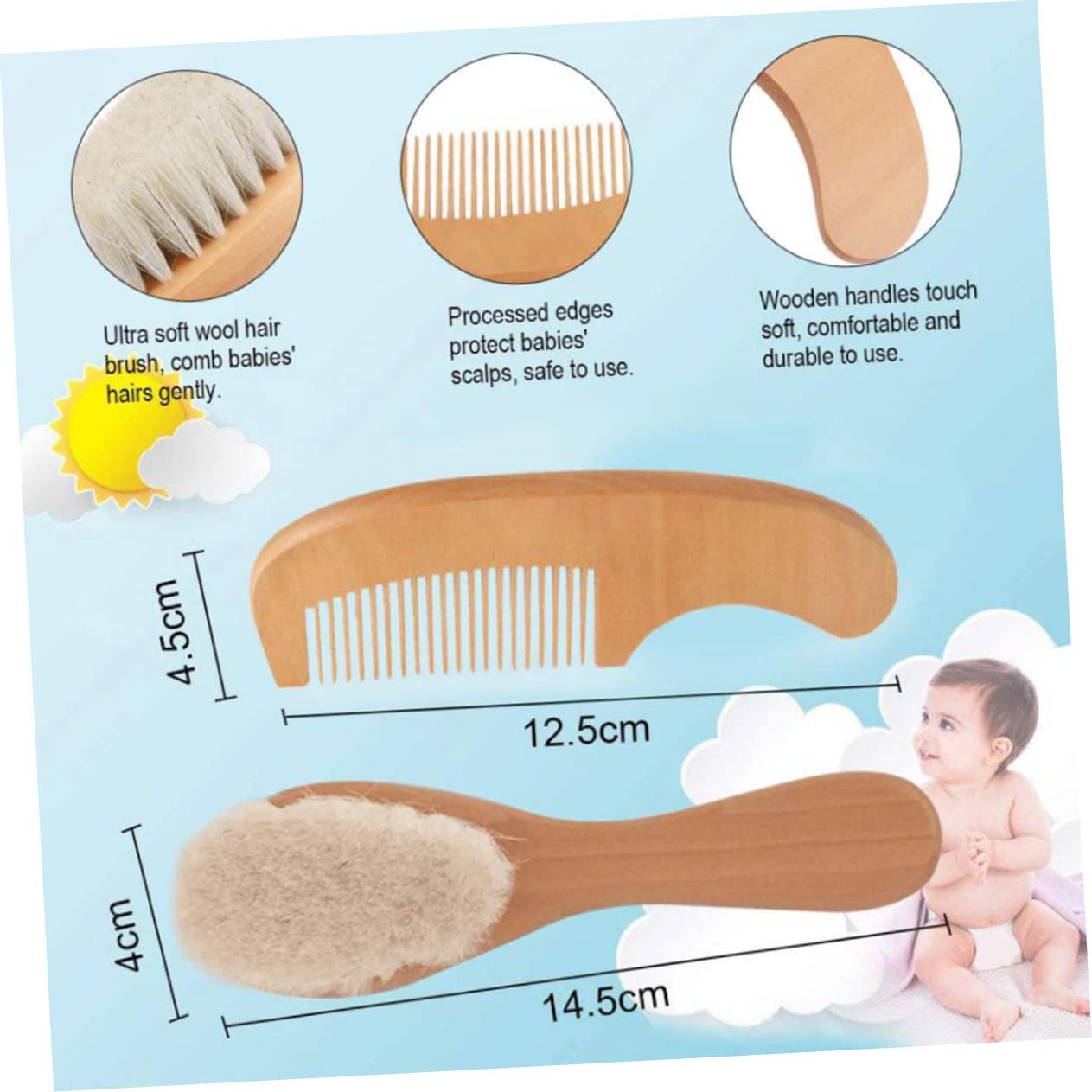 Ipetboom Detangler Brush Comb Set Baby Grooming Kit Wooden Comb Bathing Brush Gentle on Baby's Hair Scalp