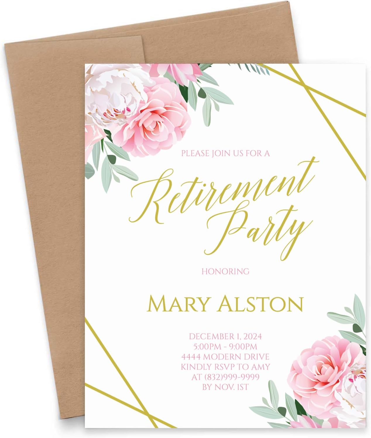 Modern Pink Paper Elegant Retirement Dinner Invitation, Floral Retirement Party Invites, Your choice of Quantity and Envelope Color