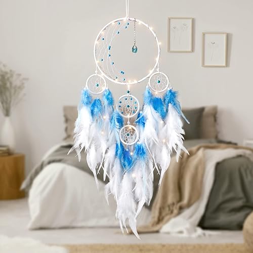 Miniatura 2 de KHOYIME Atrapasueños con luz LED, decoración de luna de medio círculo con luces, atrapasueños de plumas hechas a mano para dormitorio, decoración