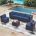 RTDTD Outdoor Patio Furniture Set, 7 Pieces Outdoor Furniture All Weather Patio Sectional Sofa PE Wicker Modular Conversation Sets with Coffee Table,6 Chairs & Seat Clips(Dark Blue)