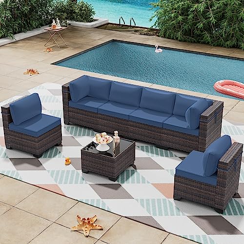 Image of 7 Pieces Outdoor Patio Furniture Set,Outdoor Sectional Furniture All Weather PE Rattan Wicker Patio Conversation Set with Coffee Table and 6 Thickened Cushions,Navy Blue
