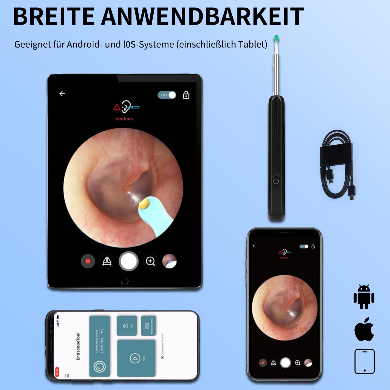 Miluna Ohrenreiniger, OIP67 Wasserdicht Ohrklar mit 6 LEDs, Miluna Pro Ohrenreiniger mit 1080P HD WiFi Kamera, hrenschmalz Entferner Otoskop für iPhone, iPad und Android-Smartphones