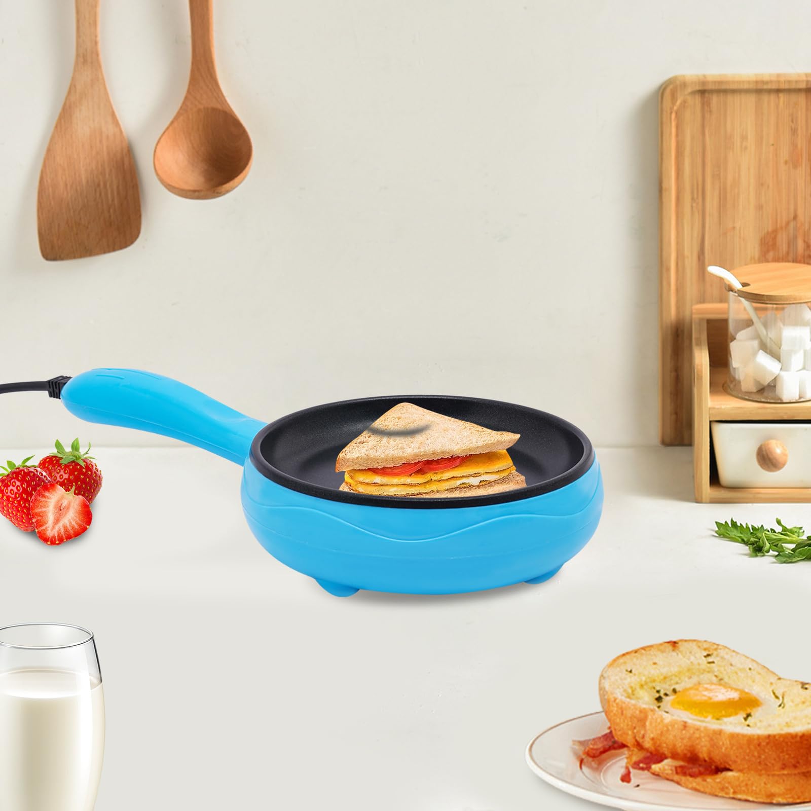 RABEEXP 6 Inch Electric Skillet with Long Handle 450W 110V Non-Stick Electric Skillet with Long Power Cord, Blue Mini Frying Pan for Heating and Cooking Food, Max. Temp. 180°C/356°F (Blue)