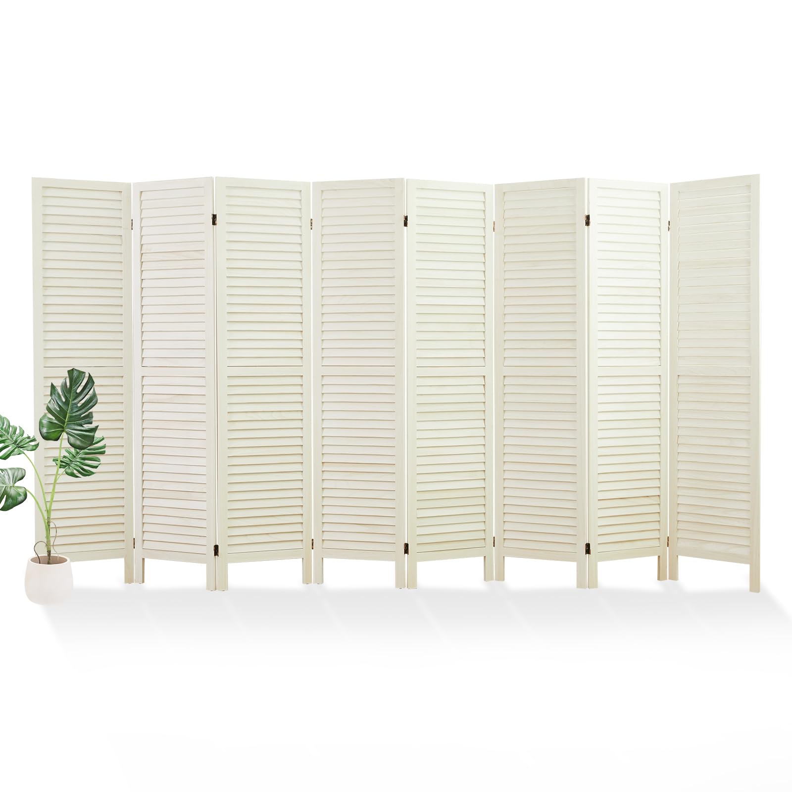 White Room Divider, Temporary Wall with Double Hinges, 5.6 Ft Tall Folding Louver Wood Screen for Home Office Bedroom Hotel Decoration (8 Panels)