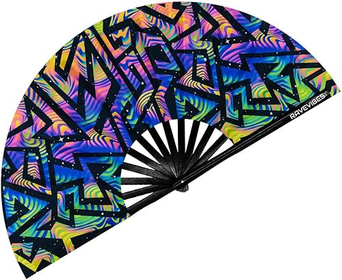 Miniatura 16 de Ravevibes Ventilador de mano plegable grande de 13 pulgadas, ventilador de bambú para festivales de bambú, ventiladores plegables con brillo UV para