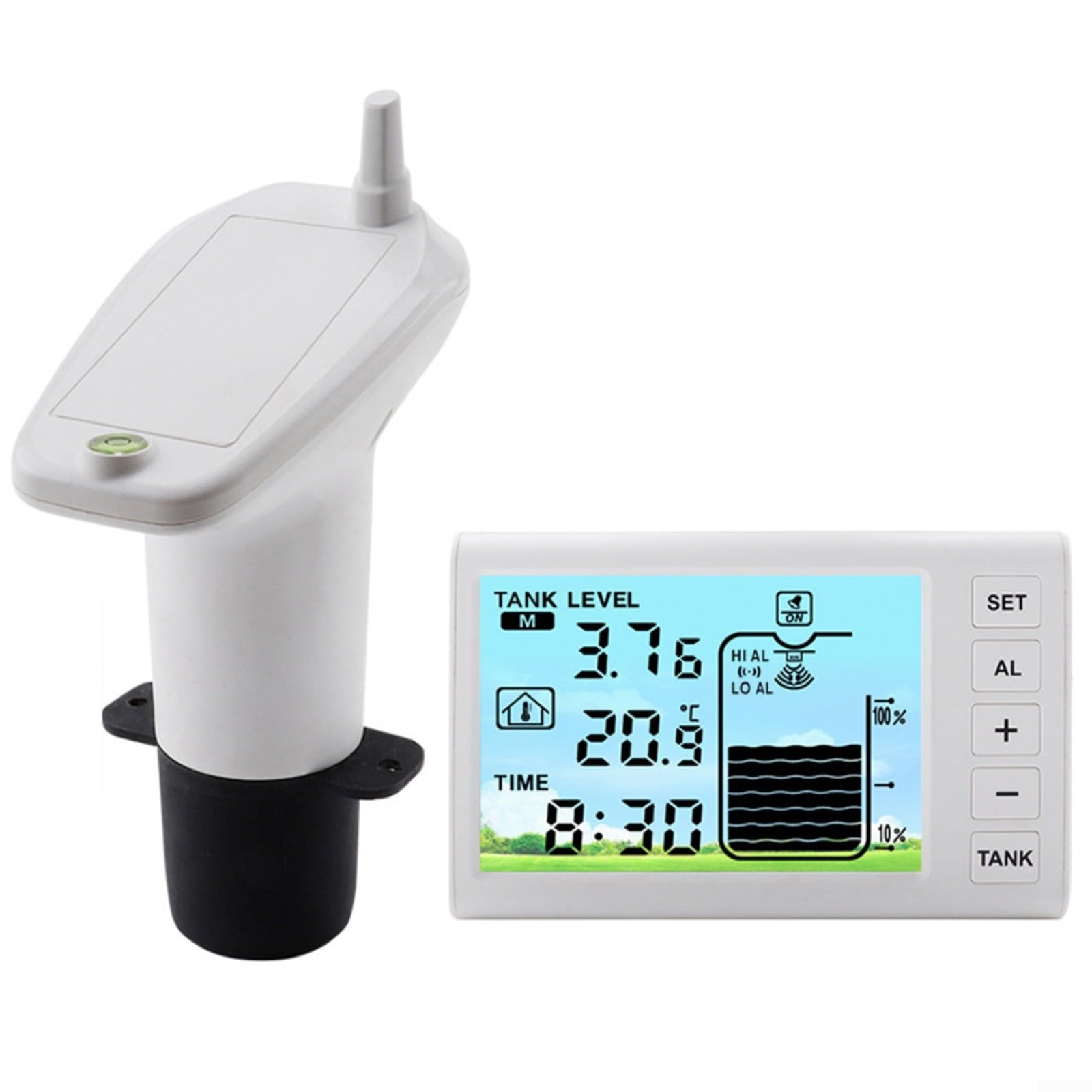 Kabelloser Wasserstandsanzeiger 1-5 m Reichweite, 4,3 Zoll Display Tank Monitor mit Alarm bei niedrigem Niveau, IP65 wetterfester Sensor für und Heimgebrauch, Weiß