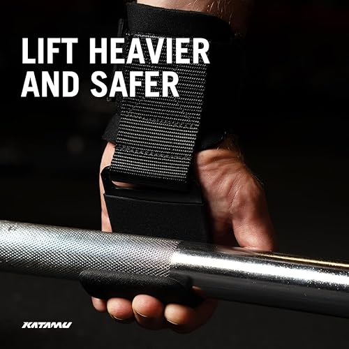Miniatura 2 de Katamu  Ganchos para levantamiento de pesas (par), correas de muñeca de alta resistencia, soporte de agarre de mano para peso muerto, dominadas,