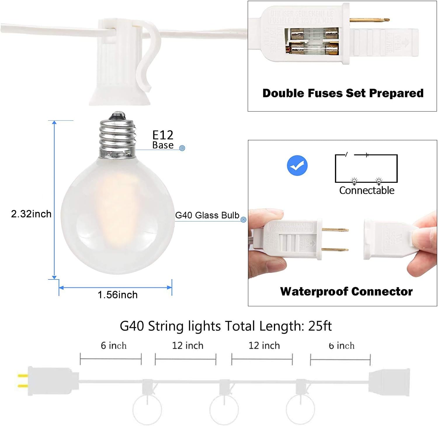 25Ft G40 LED Outdoor Christmas Frosted White String Lights with 27 G40 White Pearl Shatterproof Bulbs, Connectable Vintage Christmas Globe Patio Lights for Holiday Wedding Party Café Porch Party-White