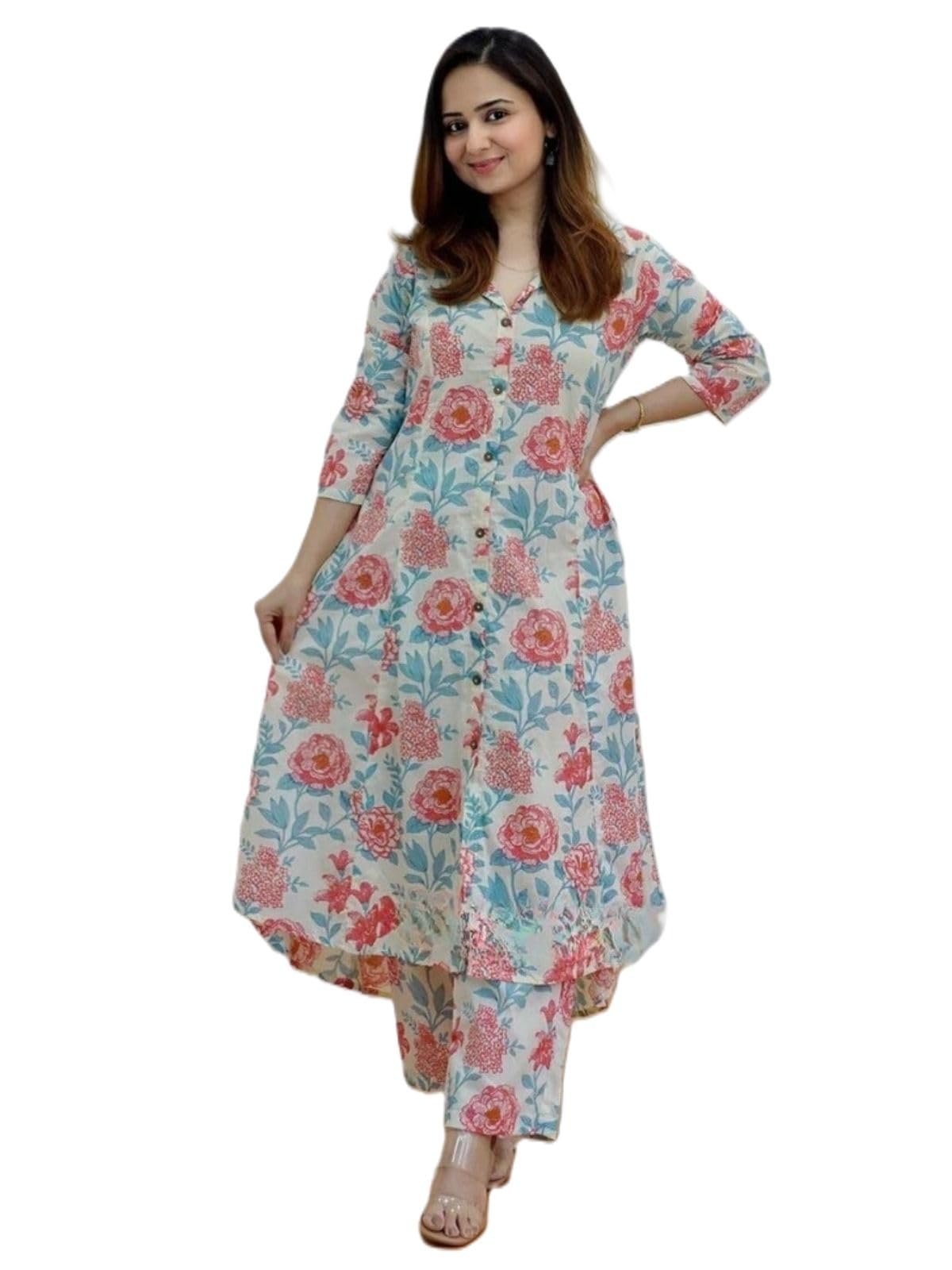 Greciilooks Women's Cotton Blend Floral Regular Fit Kurta Set (Gl-W1823_Pink_2Xl)
