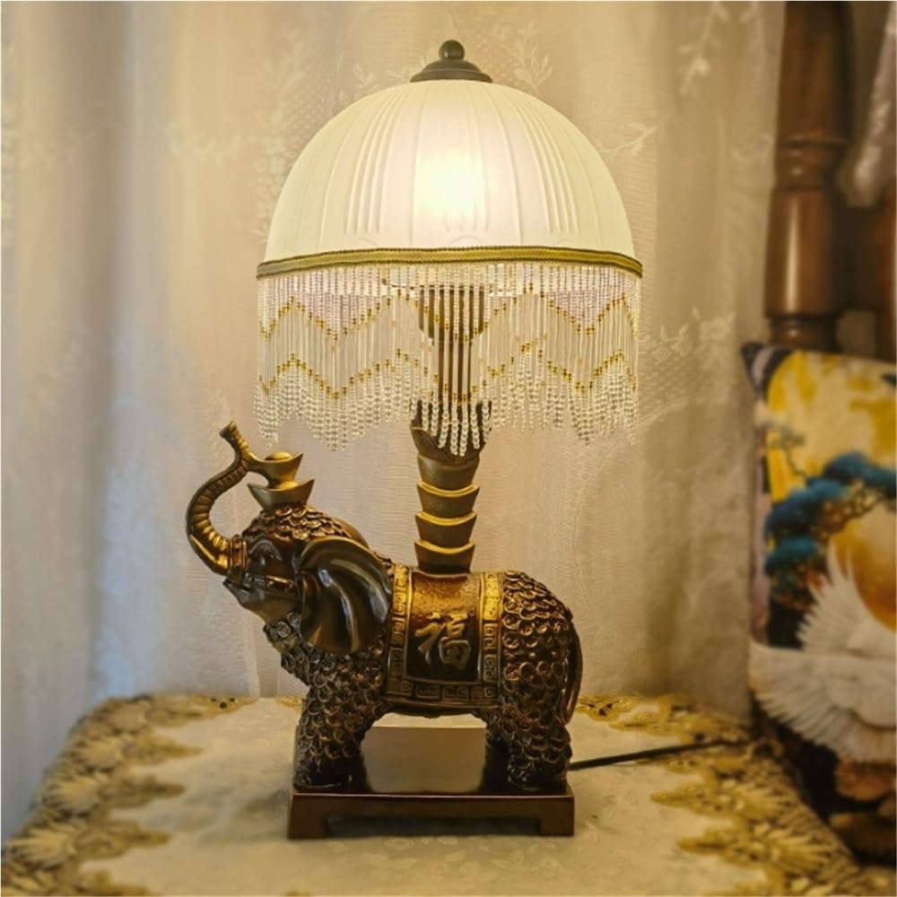 LYOUAE Vintage Resin Elephant Table Lamp Rustic Retro Brown Nightstand Lamp Mid Century Bedside Lamp(D)