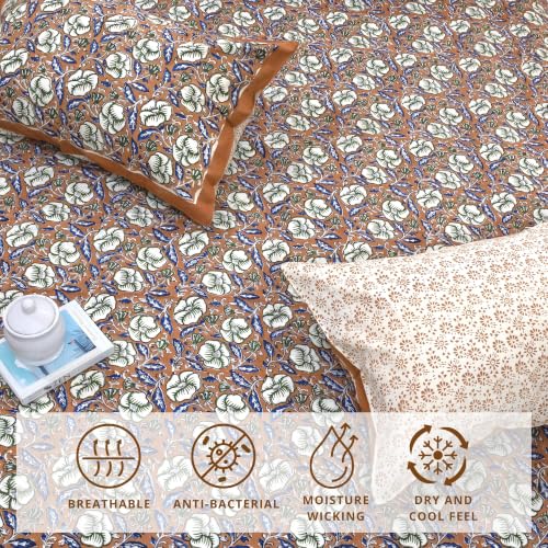 Image of TOAI Hand Block Printed Bedsheet | Bed Spread Flatsheet Bed Sheet | Pure Cotton | Queen Size 90 inchx108 inch | 210 TC Luxury Cotton | 2 Reversible Pillow Covers | Dabu Bagru | Rust Floral