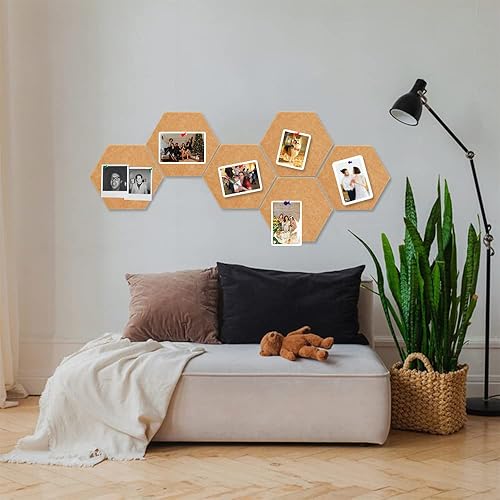 Miniatura 5 de Vuzvuv 6 tableros hexagonales de corcho marrón camello con 50 alfileres y notas adhesivas, tablero de anuncios autoadhesivo, sin daños para la