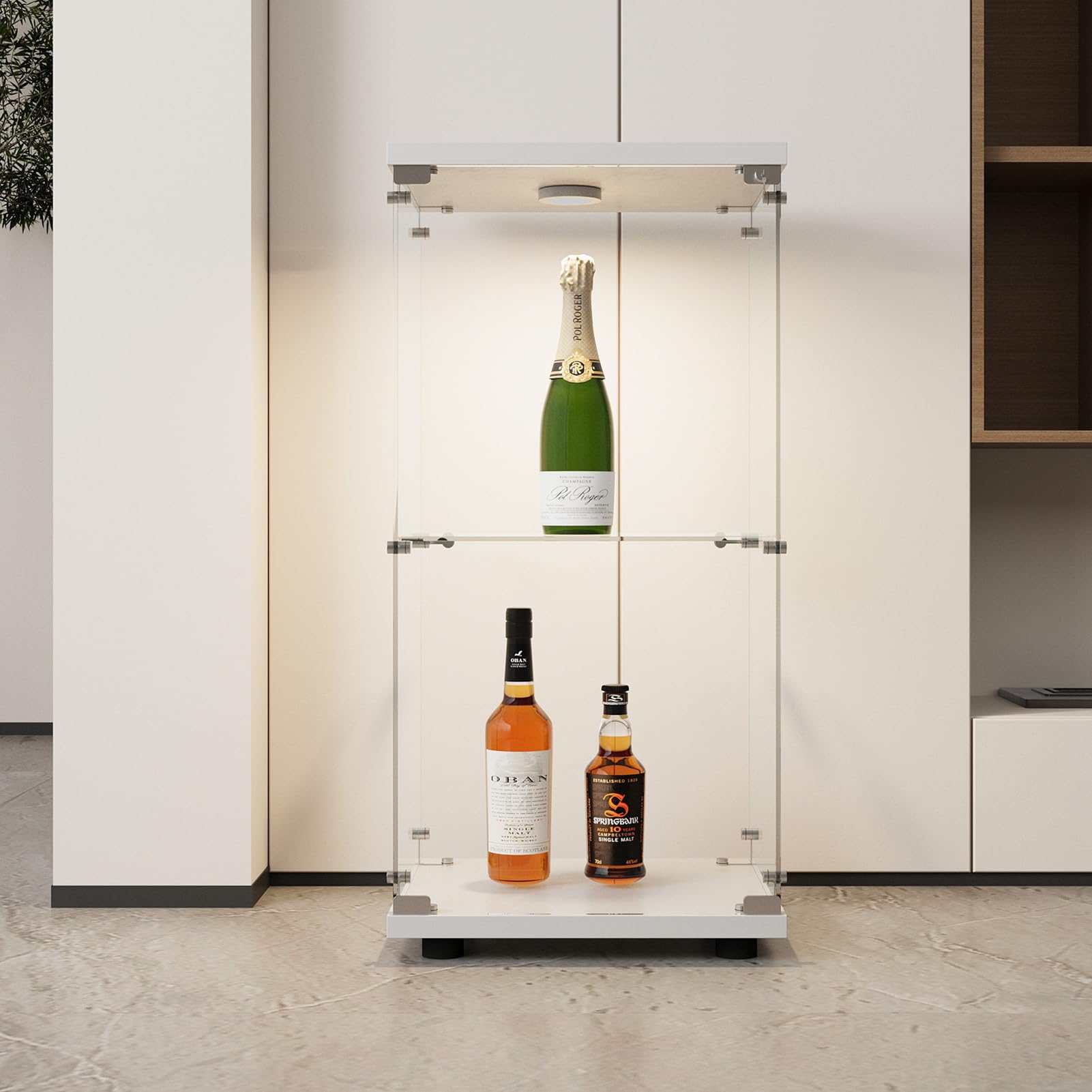 Vitrina de Cristal con Luces LED y Cerradura, Armario Expositor de Vidrio Templado con 1 Puerta y 2 Estantes, Cristalera Vitrina Expositora para Salón y Colección, 86×40×36,5 cm, Blanco