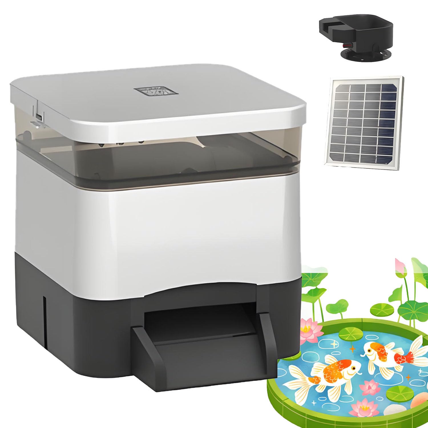 BOOZXCV Solar Automatic Fish Feeder - 120° Wide Dispersion Timer & Large Capacity Dispenser for Koi, Goldfish & Outdoor Ponds - Ideal Fish Food Dispenser for Aquariums (Silver 4L)