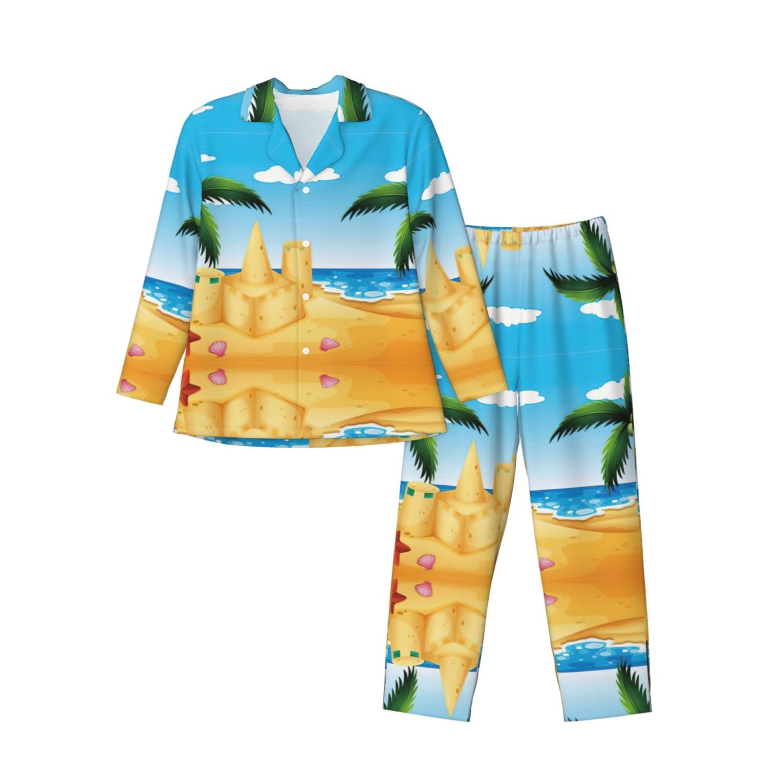 Conjunto de pijama con estampado de casa de arena para hombre, pijama suave de manga larga con botones y bolsillos