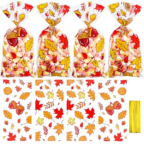 Fall Treat Bags, Thanksgiving Treat Bags, Thanksgiving Fall Goodie Bag Clear Cellophane Treat Candy Cookies Gift Bag with Ties for Pumpkin Maple Leaves Autumn themed Party Favors Supplies, 50PCS