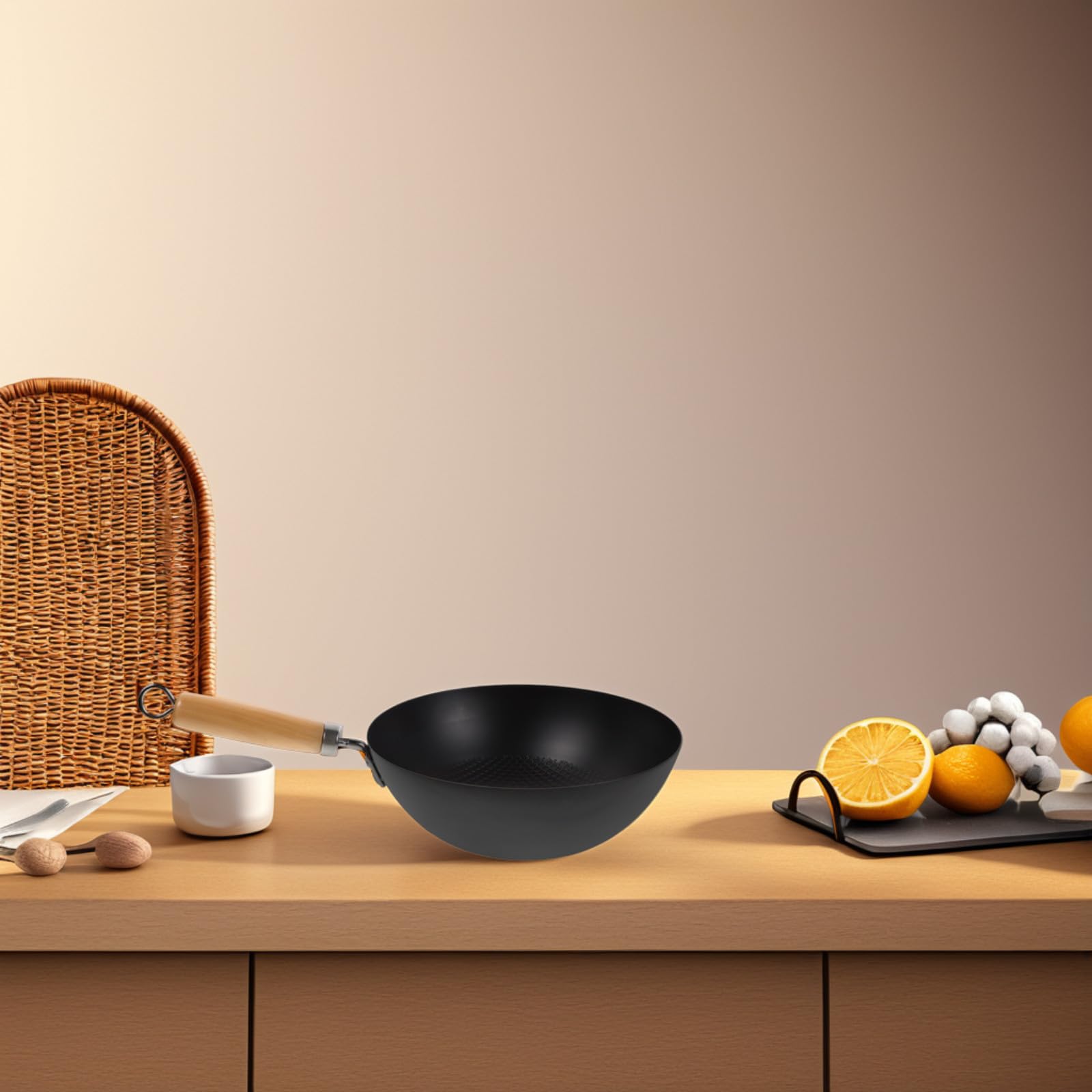 GALPADA Padella Wok in Ferro Battuto Piccolo Manico Ergonomico per Fornello a Gas, Pentola Wok Antiaderente ad Ampio Uso per Cucina Quotidiana