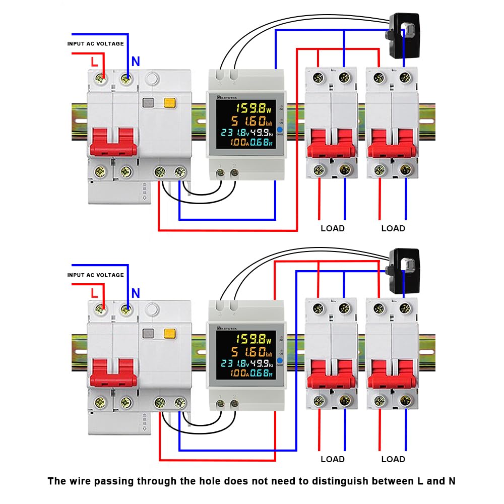KETOTEK Licznik energii elektrycznej jednofazowy, 2 obwody, licznik energii z wyświetlaczem LCD, woltomierz amperomierz na szynę DIN AC40-300V 100A, licznik kWh z podziałem prądu CT