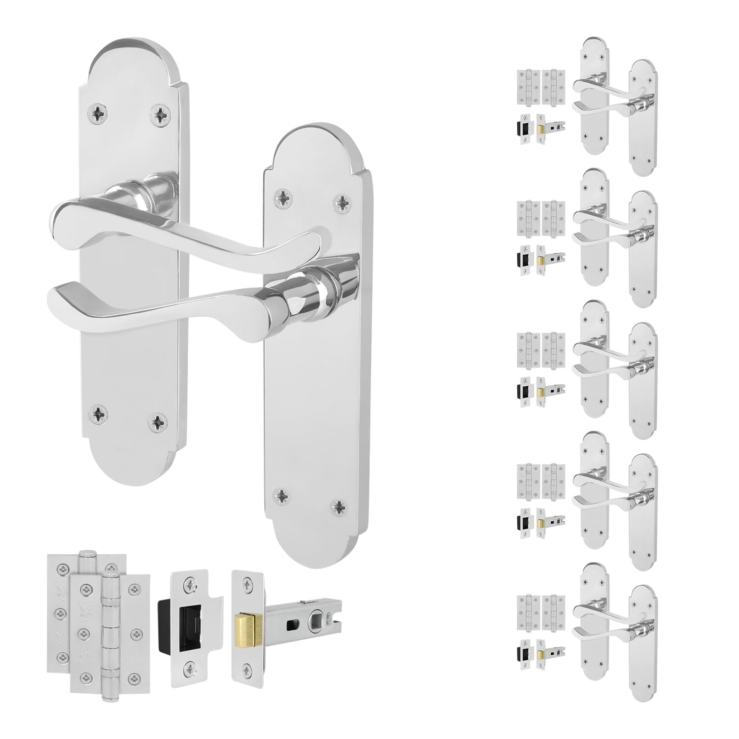 EAI Polished Chrome Door Handles with Latch 64mm and Hinges, 6 Pack