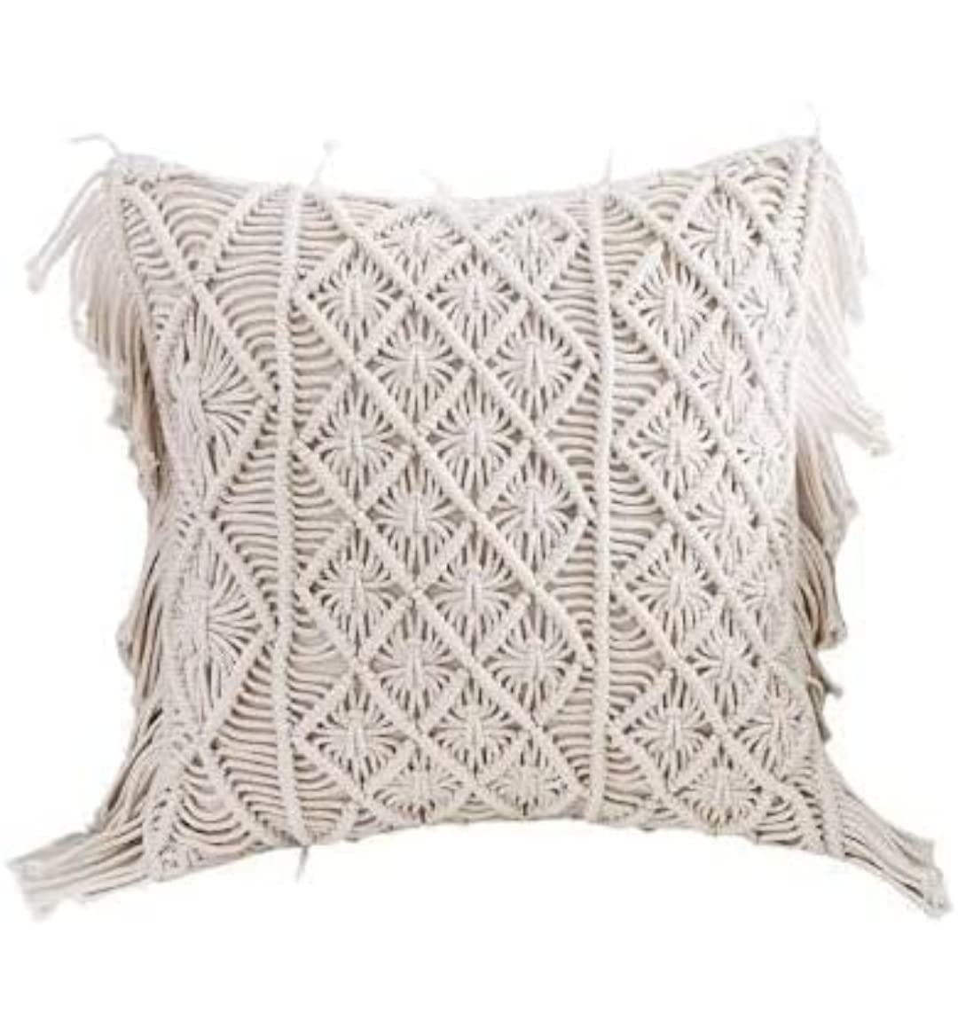 Macrame Cushion Cover 16 x 16 inch Handmade Soft Boho Cotton Pillow Case for Sofa Set Bed Living Room Bedroom in Premium Canvas Fabric with Back Zipper, Off-White, 1-Piece,Style-42