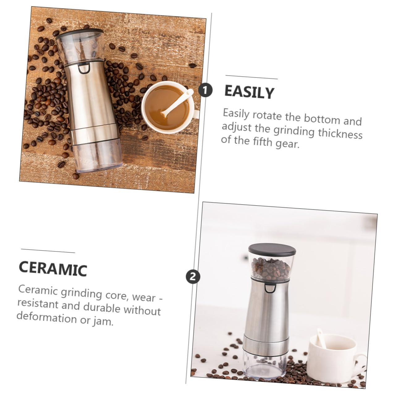 Molinillo Eléctrico de Acero Inoxidable para Café Ajuste de Cinco Niveles | Carga Usb, Grosor Regulable, Acabado Plata, Núcleo Cerámico y Piezas Pet, Pp y Abs
