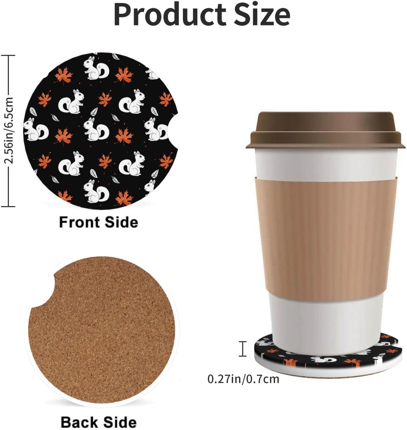 2 Pack Autumn Squirrel Orange Maple Leaf Car Cup Holder Coasters, 2.56 Inch Anti Slip Ceramic Absorbent Coaster with Cork Base and Finger Notch Car Accessories Interior for Women Men