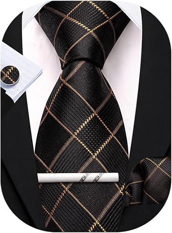 Barry.Wang Plaid Ties Set and Tie Clip Mens Checkered Silk Necktie Pocket Square Cufflinks Wedding Formal