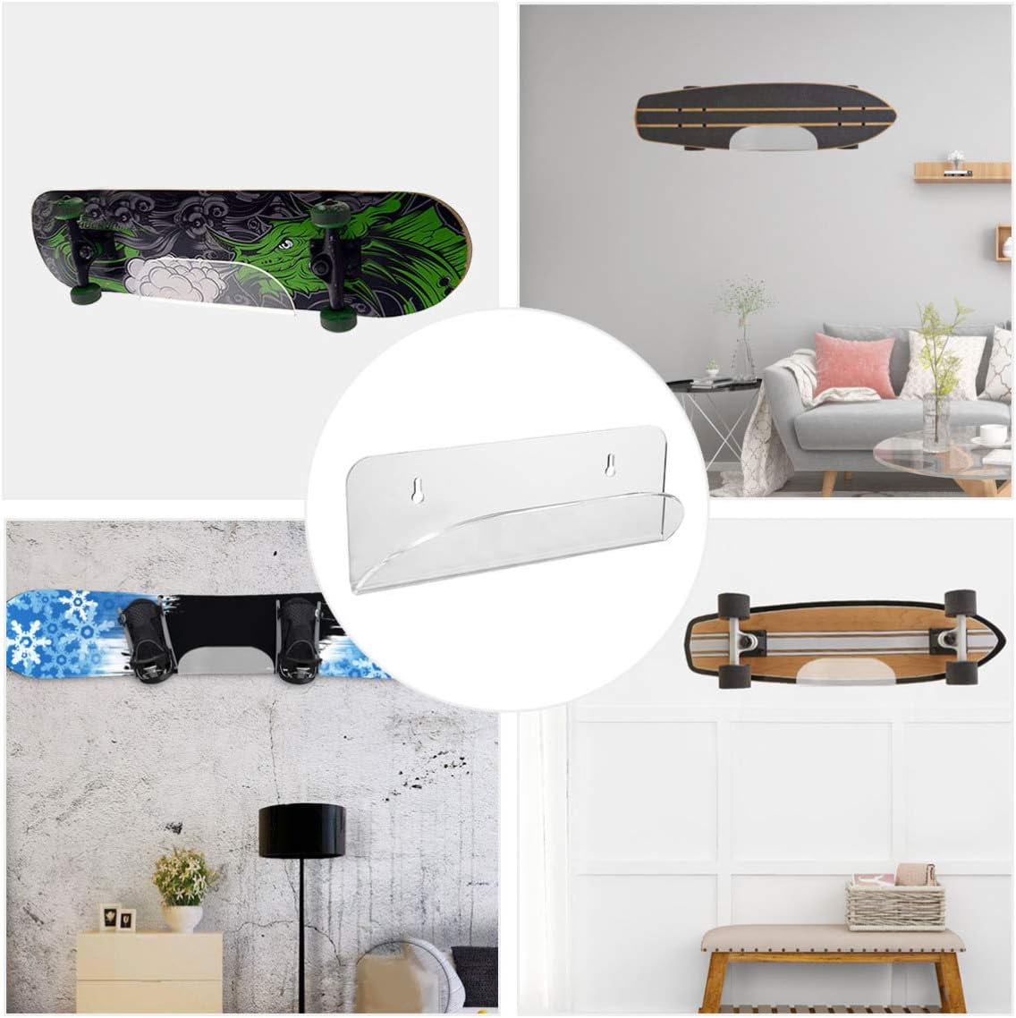 KICHOUSE Acrylic Skateboard Wall Mount Rack Easy Install Display Stand for All Skateboards Snowboards and Skis Sturdy Bracket Holder for Home Decor and Storage