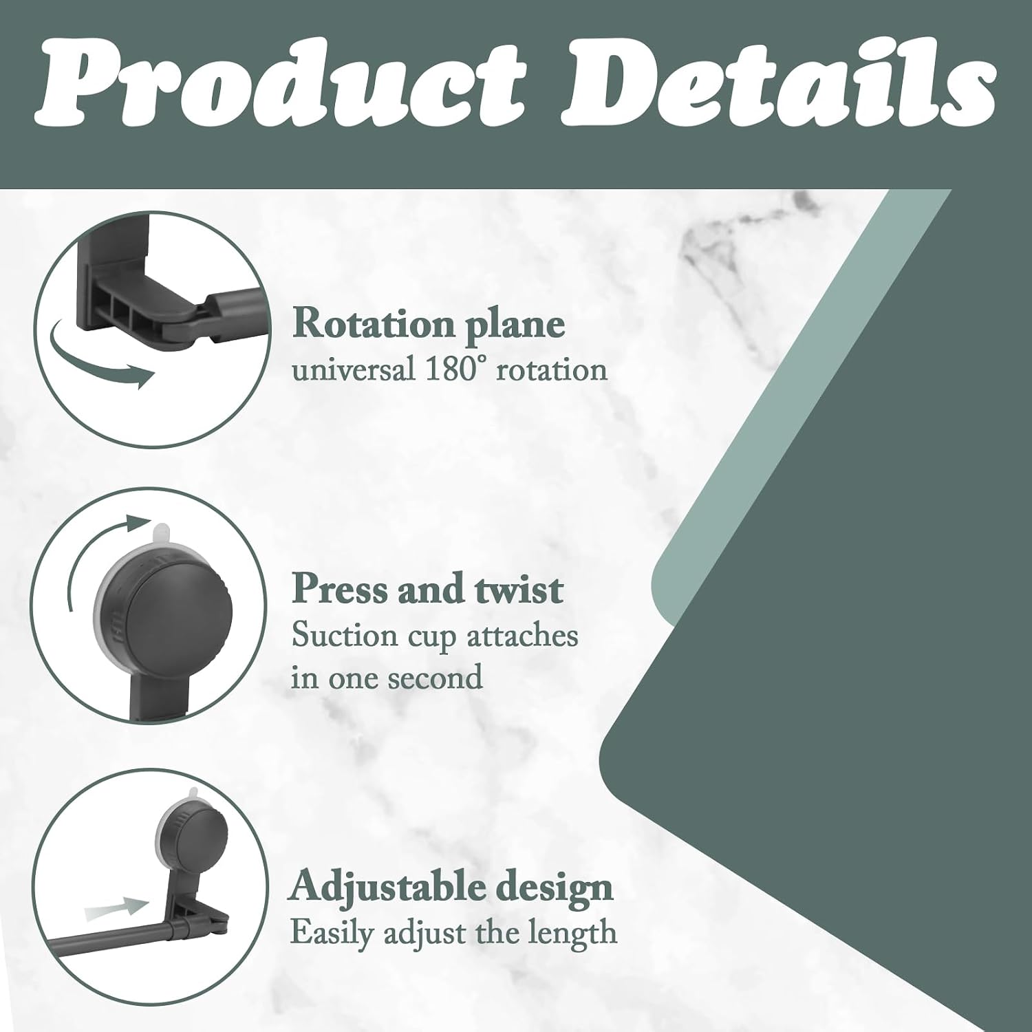 Huakaile 12''-24''/30-60 CM 180° Rotatable Suction Cup Towel Bar for Shower Rack, Towel Rods for Bathroom Adjustable No Drill Wall Mount Retractable Holder Glass Door Kitchen (Gray)