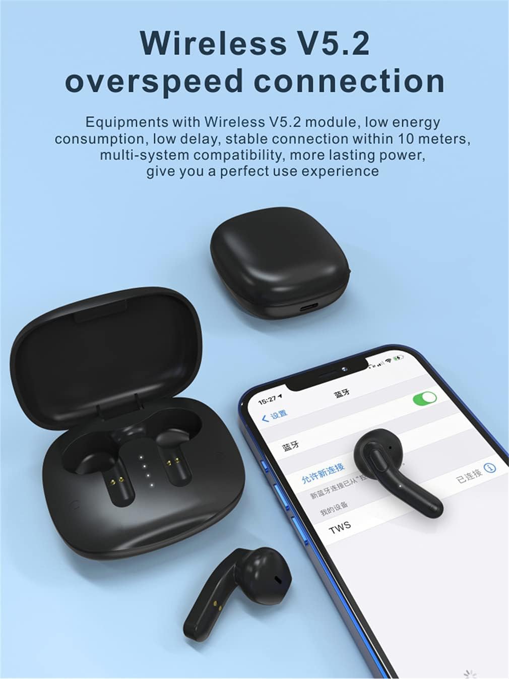 TWS Bluetooth 5.2 Wireless Earbuds 9D HiFi Stereo Quality Sound IPX5 Water-Proof Headphone with Noise Cancelling Mic for Sports,Black