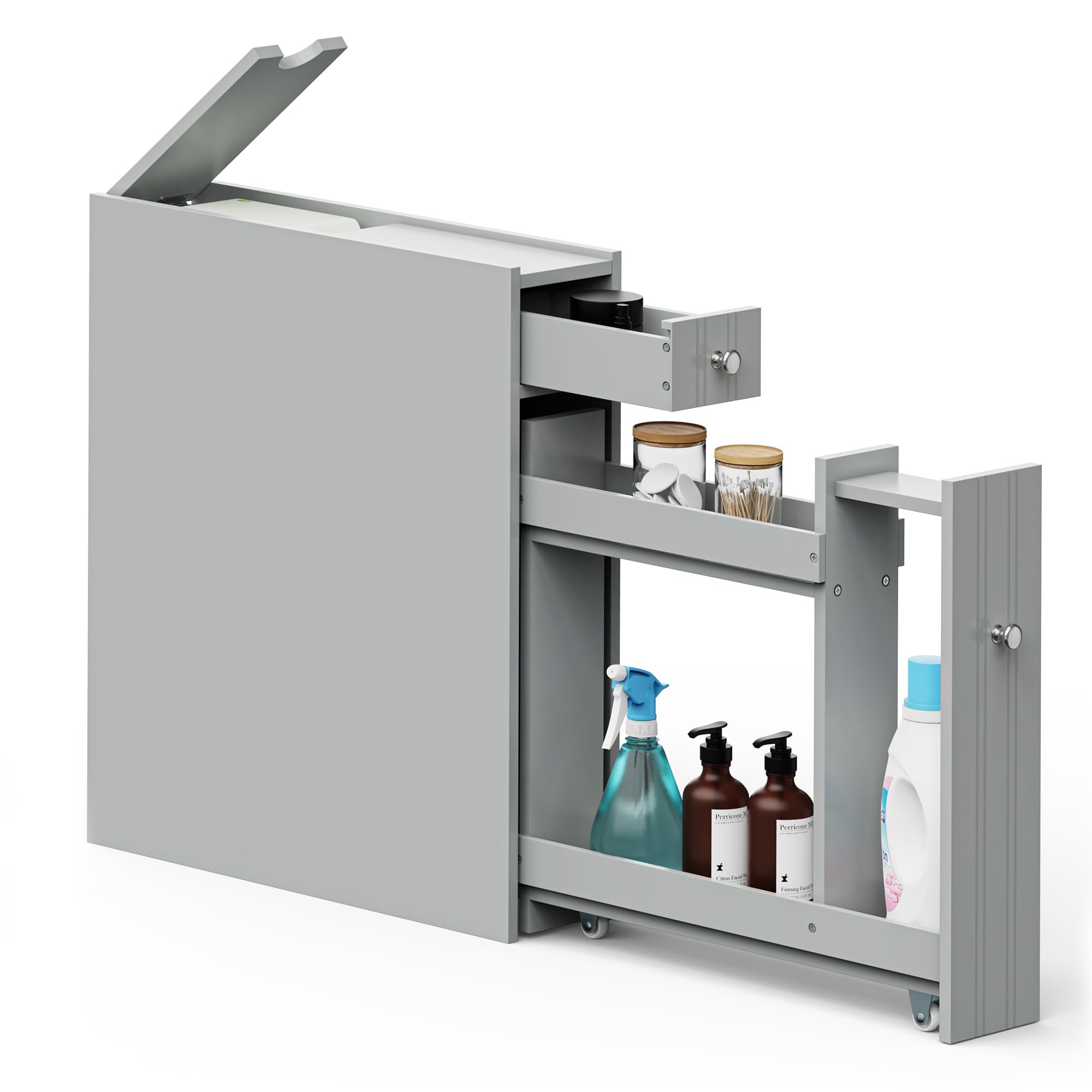 VonHaus Slim Bathroom Storage Unit - Grey Slimline Bathroom Cabinet - Narrow & Compact Bath Organiser with Drawer & Slide Out Shelving - Freestanding Shaker Style Storage - Shrewsbury