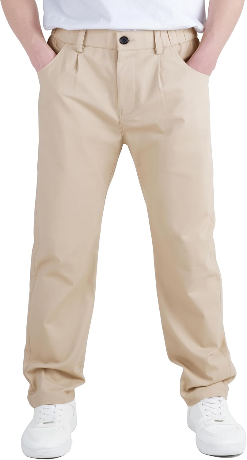CAMLAKEE Boys' Pleated Dress Pants Kids Elastic Waist Twill Straight Leg School Uniform Pants
