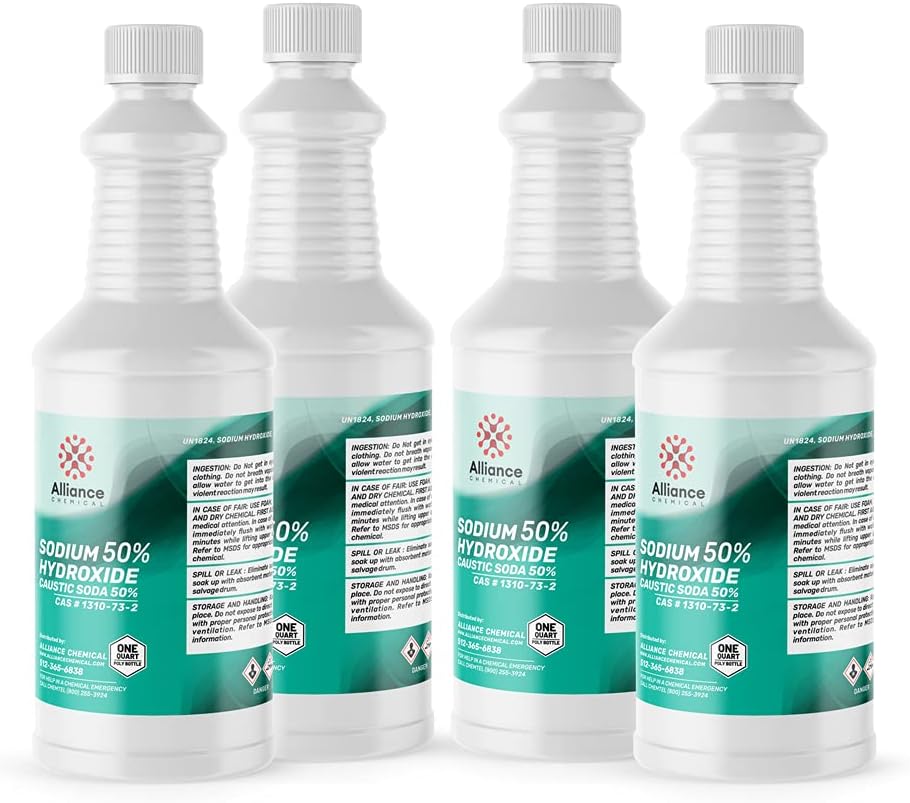 Sodium Hydroxide 50% (Caustic Soda, Lye) - 1 Gallon (4x32 FL Oz) - for Soaps, Tie Dye, Cleaning, & Water Treatment - Alliance Chemical