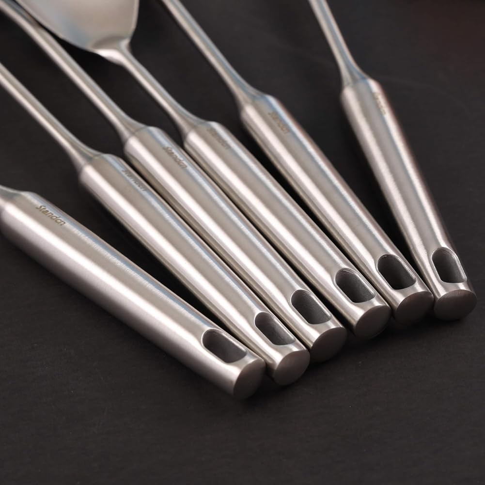Juego de Utensilios de Cocina de Acero Inoxidable 18/10 - Utensilios de Cocina de 15 Pulgadas Totalmente Metálicos con Soporte Giratorio para Encimera