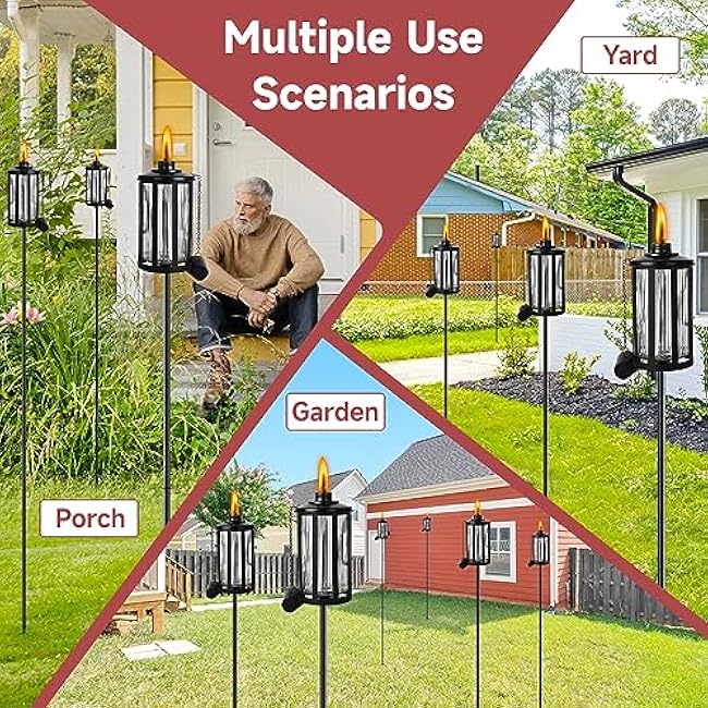 4 Pack Glass Citronella Torches, 16 oz Garden Torches for Outside with 3-Prong Grounded Stake, 55 inch Outdoor Clear Glass Flame Light Torch for Yard, Patio, Deck, Garden, Party, Landscape