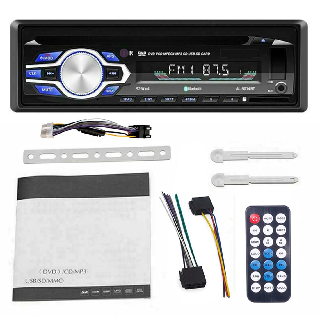 Autoradio sans Fil Bluetooth Lecteur CD DVD MP3 Stéréo Voiture Mains Libres Autoradio Audio Radio 5014 Voiture-Style avec Télécommande 1 Din 12V