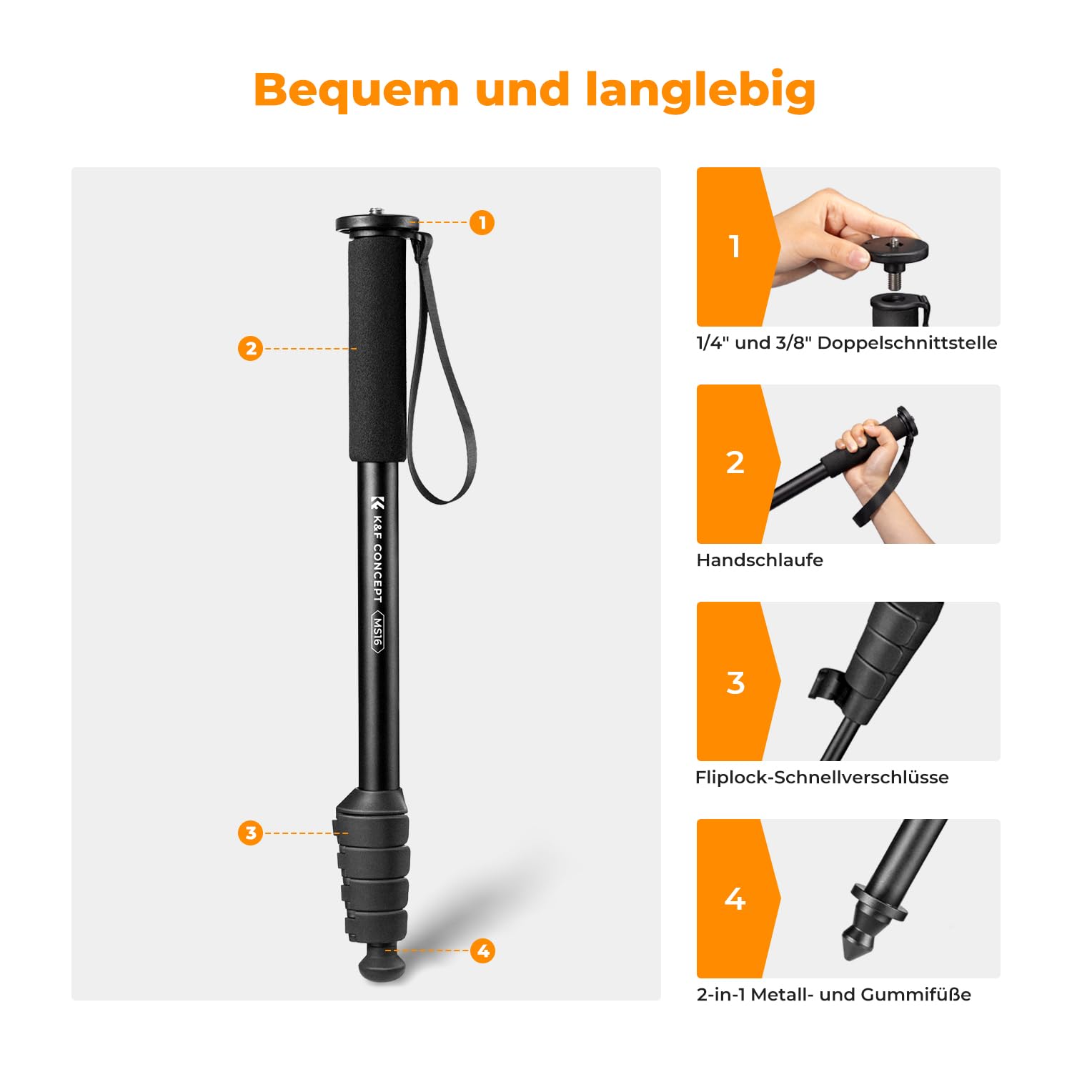 K&F CONCEPT MS16 Einbeinstativ, 63 Zoll Monopod,Stabiles Aluminium-Einbeinstativ mit 5 Sektionen,160cm Reiseeinbeinstativ für DSLR, DSLM und Kompaktkameras,Mit Handschlaufe