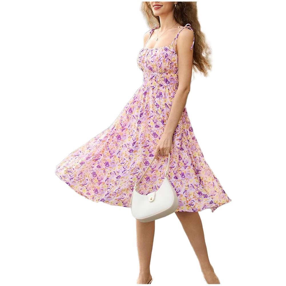 Belle Poque Vintage-Damenkleid in A-Linie Spaghettiträger Eckiger Ausschnitt Geraffte Vorderseite Mittellanges Trägerkleid mit Seitentaschen