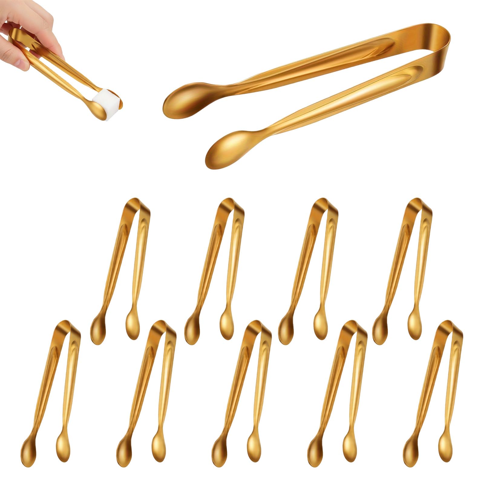 10pcs Mini Kitchen Tongs Set - 4.3in Stainless Steel Small Appetizer Tongs in Gold - Versatile Mini Tongs for Serving Food, Ice Cubes, Sugar & Desserts (Gold)