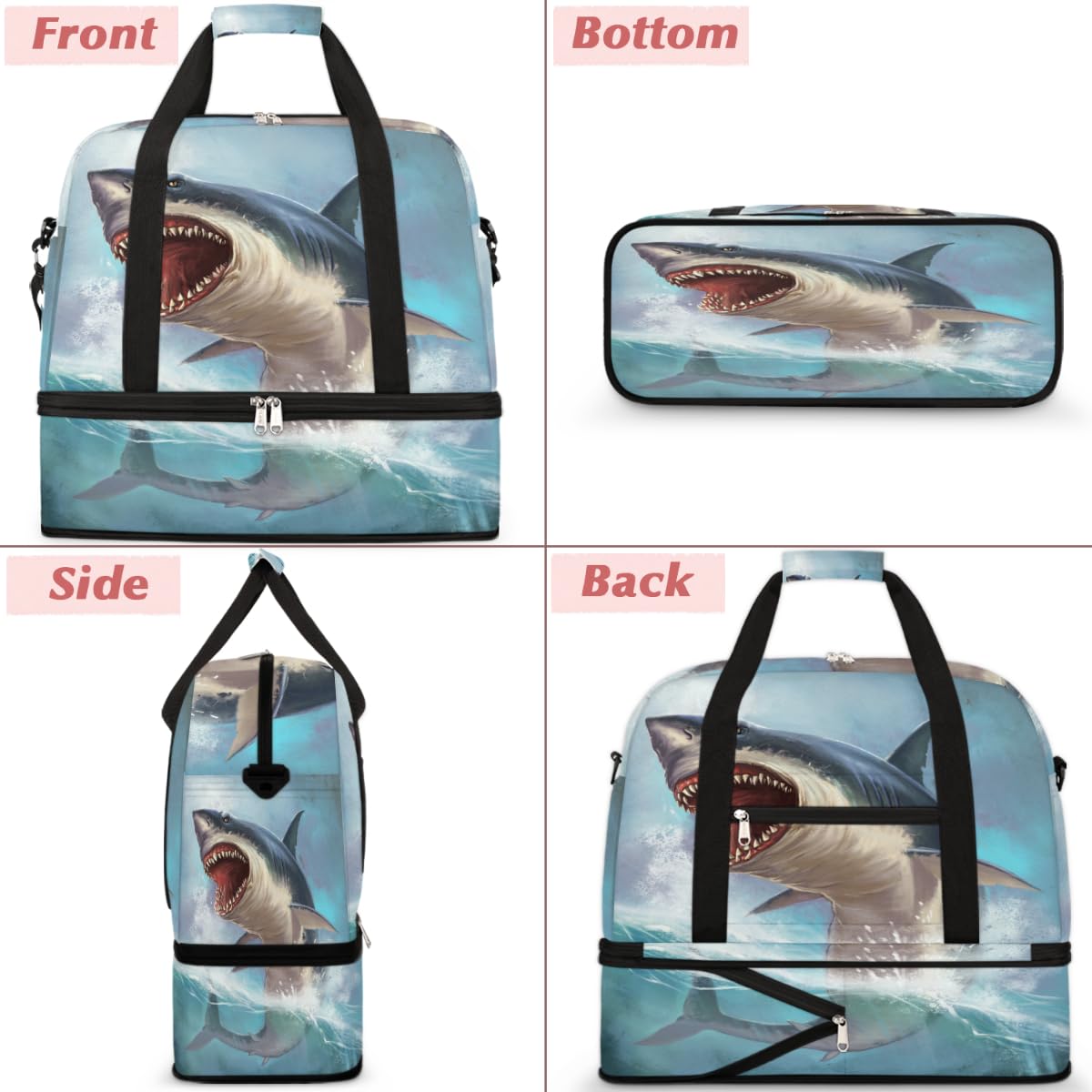 Sea Shark - Bolsa de viaje plegable con diseño de tiburón blanco de 47 litros, bolsa de fin de semana con funda para carrito de transporte, bolsa de hombro separada para deportes, gimnasio, viajes,