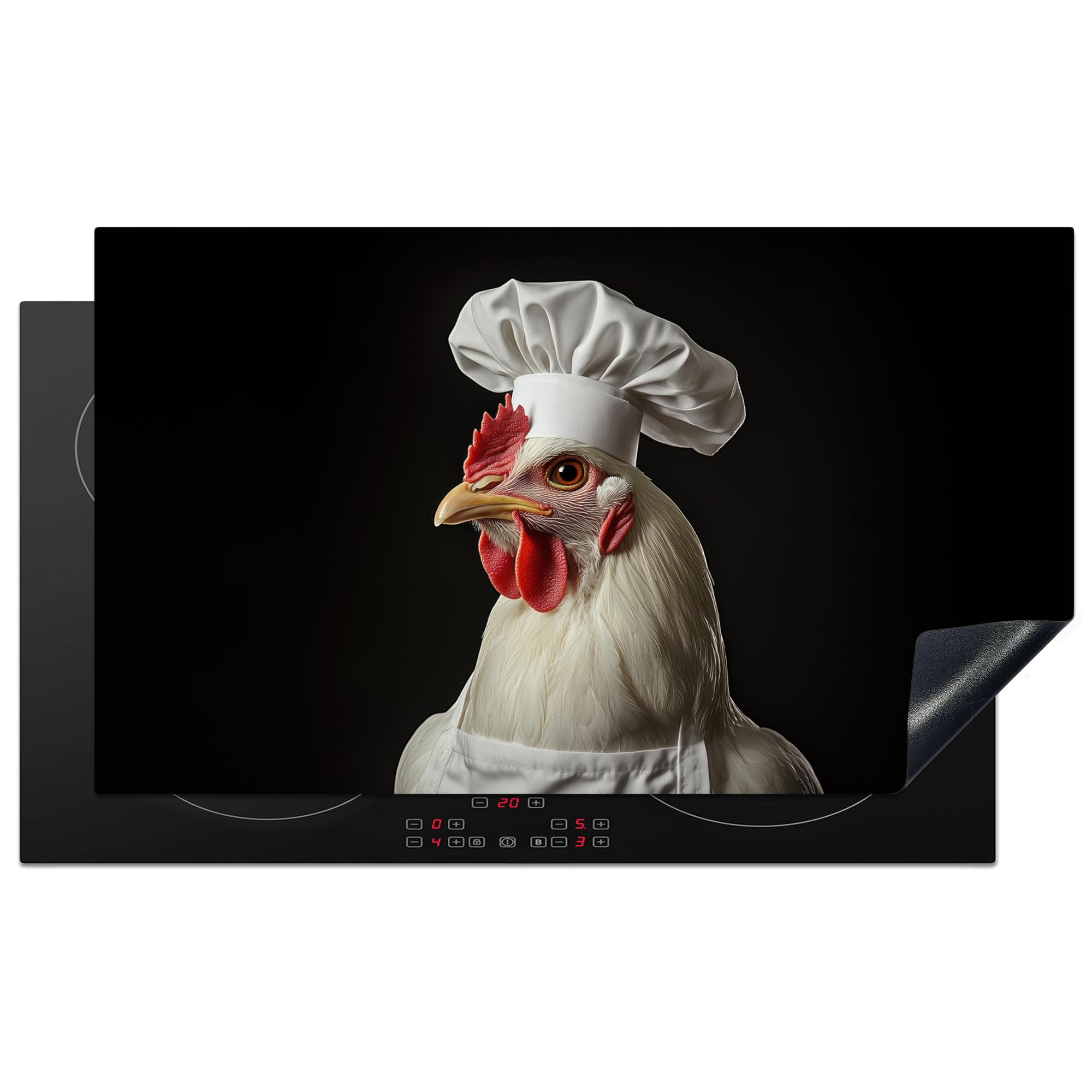 KitchenYeah© Induction Hob Protector Mat 20.3"x35.3" / 89.6x51.6 cm Stove Cap Top Cover Kitchen Cooker Covers for Electric Hobs Vinyl Chefs Hat - Red - Chicken