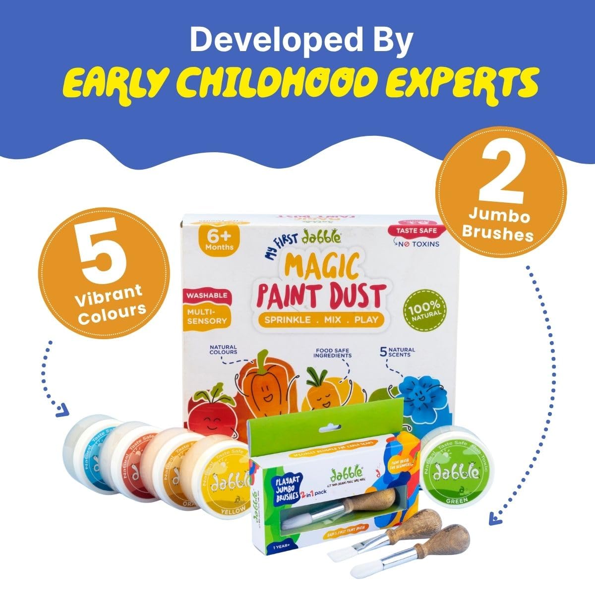 dabble Magic Paint Dust + Jumbo Brush Set – Taste-Safe, Baby Safe, Non-Toxic Finger Paint for Babies 6 Months+ | 5 Natural Colours for Sensory Play | First Art Kit for Kids - Image 2 thumbnail