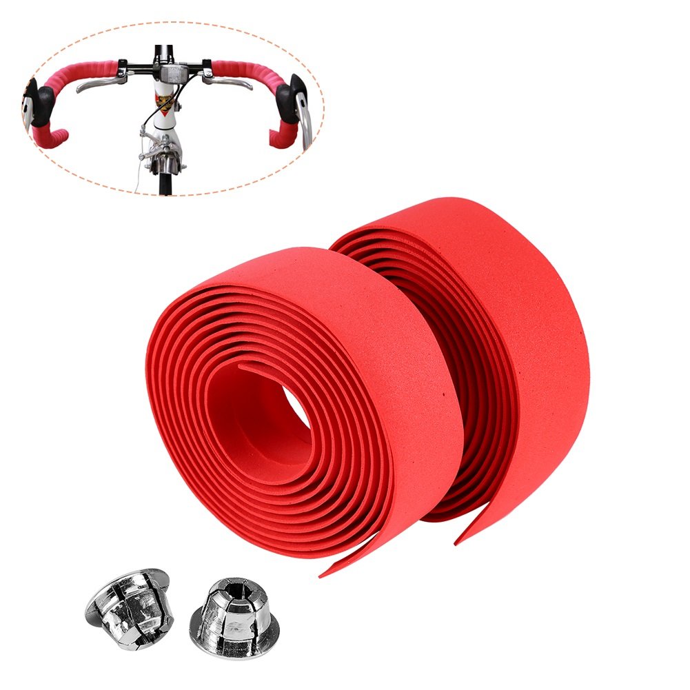 VGEBY 2 Pcs Cycling Cork Handlebar Tape Sponge Handle Strap with 2 Bar Plug (Red) and Spare Parts Bar Tape Handlebar Tape for Road Yellow Handlebar Tape