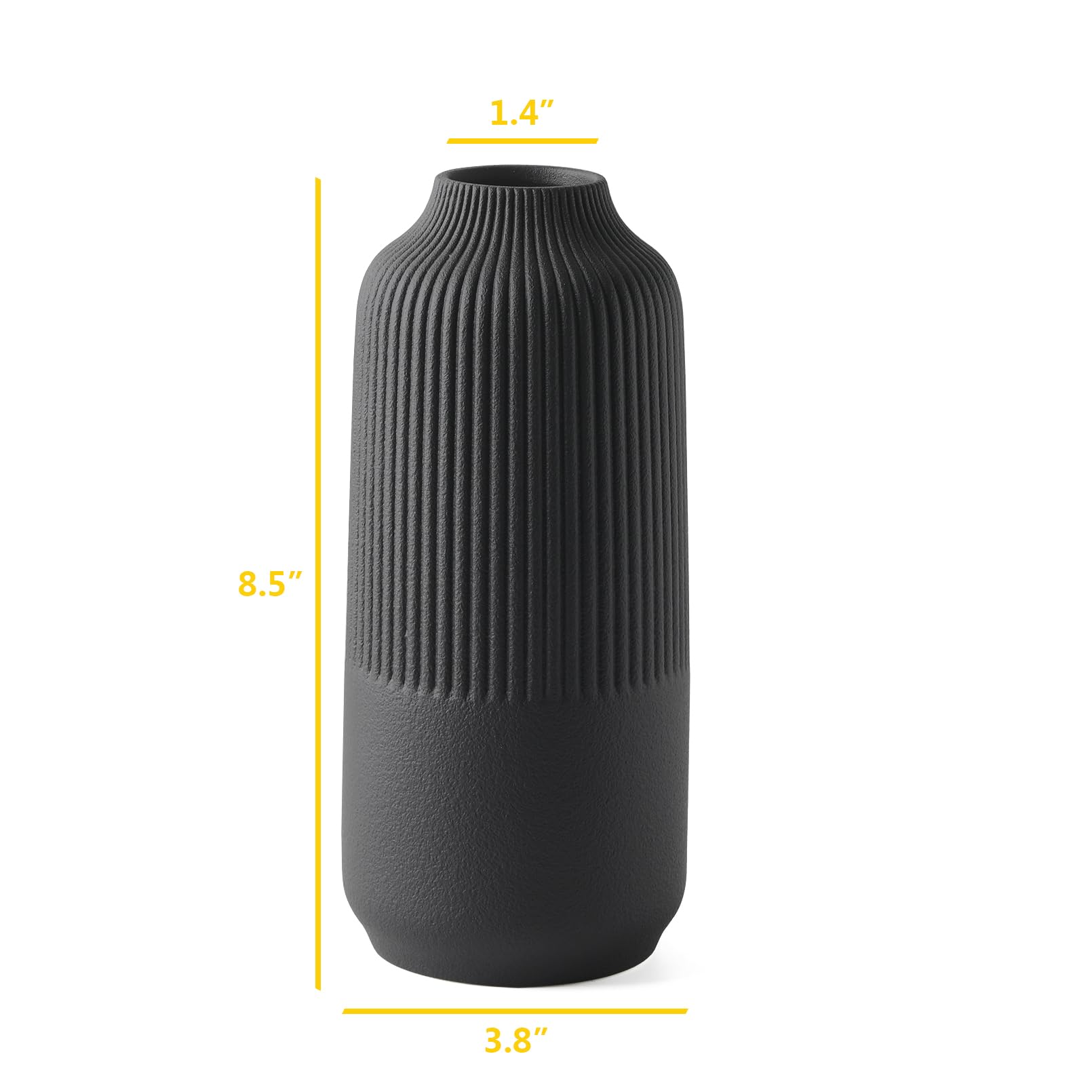 Black Ceramic Vase, Decorative Minimalist Ribbed Vases for Pampas Grass, Home Accents, Office, Centerpiece,M