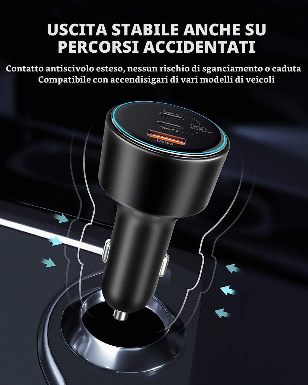 Caricatore Auto USB C da 200W, Caricabatteria Auto Accendisigari 12V-24V da 3 Porte con Cavo 100W, Compatibile con iPhone 16/15/14, Samsung Galaxy S24/23, Xiaomi, MacBook, iPad Pro, Air Mini