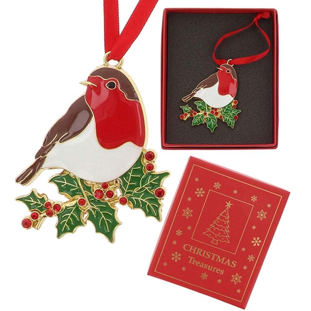 Xmas Treasures Robin On Holly Boxed Hanging Decoration